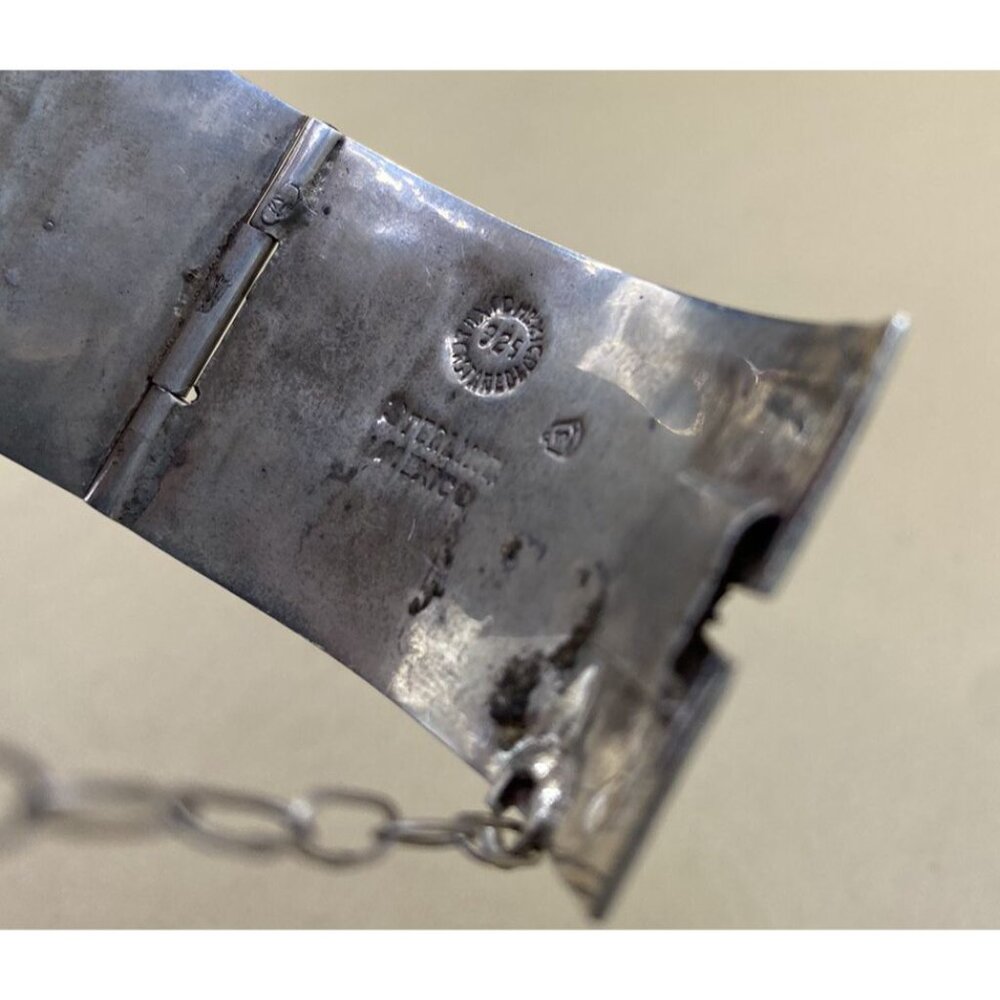 Mexico 925 Sterling Silver Crushed Turquoise Inlay Greek Key Bracelet READ - Picture 8 of 10